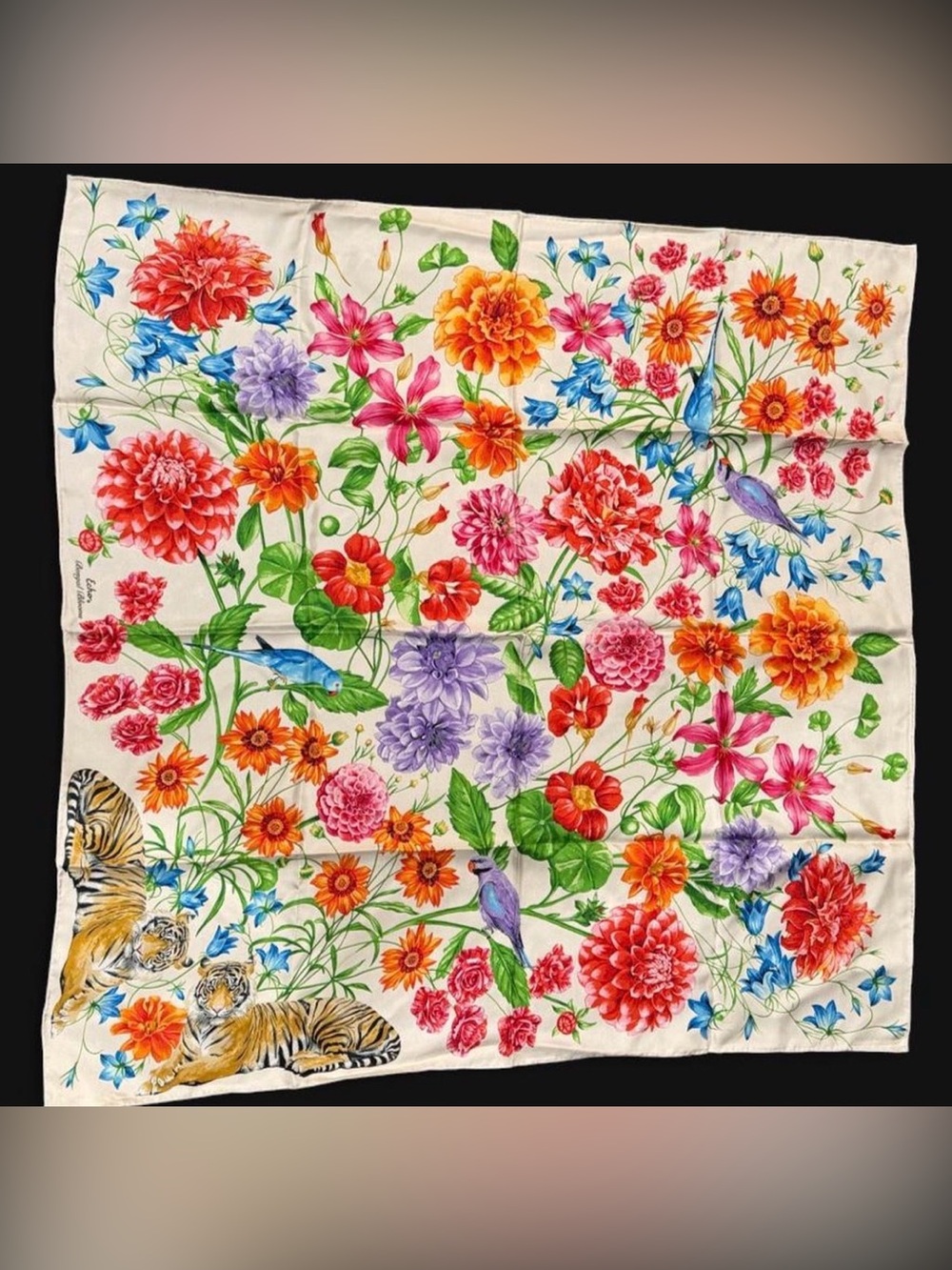 Echo Floral Silk Scarf in Cream, Blue, Green, Orange